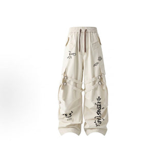 Men's American high-street style cargo pants featuring a distinctive design with ribbon ties and creative 