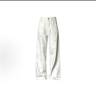 Women's Korean-style preppy vintage floral-embroidered wide-leg straight-cut floor-length jeans; high-waisted, loose, slimming, and versatile with a flattering drape.