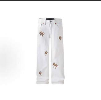 Amexnocap leopard print lightning bolt loose straight leg high street white jeans, trendy and versatile American style, unisex.