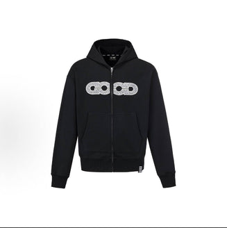 Unisex zip-up hoodie featuring map-pattern sequin embroidery—a fitted, comfortable, and stylish staple piece with a premium feel.