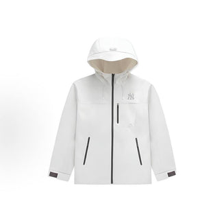 Unisex trendy casual hooded windbreaker featuring oil, water, and stain resistance; loose fit; reflective back logo; and Velcro-adjustable drawstring cuffs.