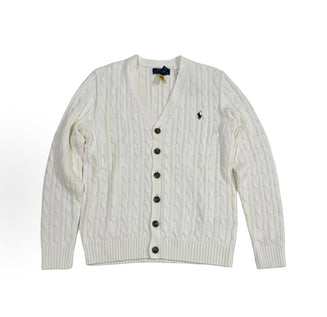 Solid-color cotton V-neck single-breasted long-sleeve cardigan, standard fit, cream, unisex.