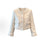 Women's "Chanel-style" sequined, frayed-edge jacket—a chic, high-end, cropped piece perfect for petite figures, offering a sophisticated, elegant look; a loose-fitting, vintage-inspired jacket.