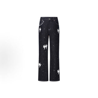 Amexnocap Black and White Lightning Style Spring/Summer Versatile Jeans, American Style, Unisex, Black