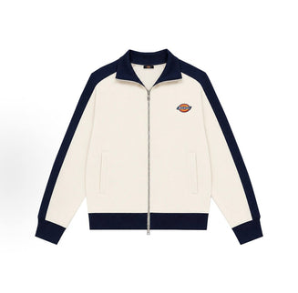American high-street vintage-style unisex zip-up sweatshirt featuring a stand collar, raglan sleeves with color-blocking, brand logo print, and a soft, skin-friendly, loose fit.