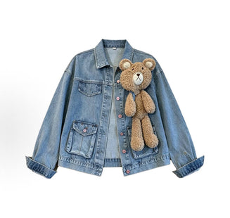 Women's denim jacket featuring a youthful, cute bear design; a unique, niche Korean-style 