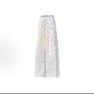 American retro style featuring three-stripe detailing and an all-over star print; a simple, flattering, and versatile choice for daily wear—straight-leg trousers with a lovely drape and a drawstring waist (unisex).
