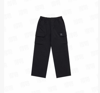 Casual, versatile, simple, soft, comfortable, stylish, mid-rise, solid color, loose fit, multi-pocket cargo pants with small logo. Unisex, black